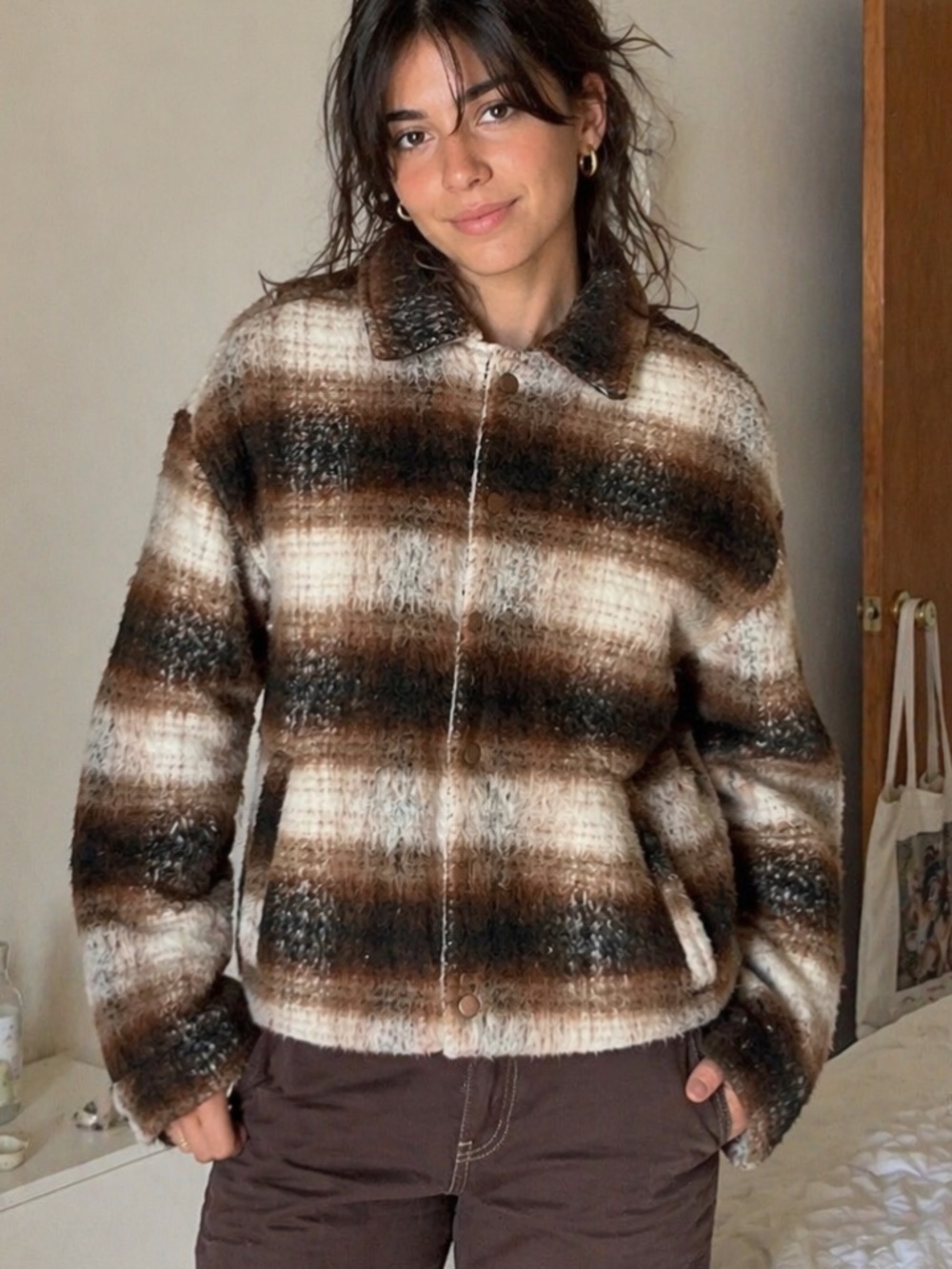 Maison Article Plaid Shacket Brown Cream Fuzzy Wool Blend Quilted Lined Jacket S